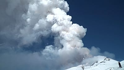 Columns of smoke rise from Mount Etna in Italy, Dec. 26, 2025.