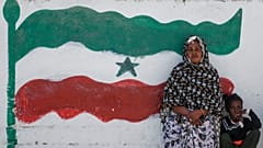 زن و کودکی در کنار دیواری با پرچم سومالی‌لند، در هرگیسا، سومالی‌لند؛ منطقه‌ای نیمه‌خودمختار و جداشده از سومالی، ۹ فوریه ۲۰۲۲