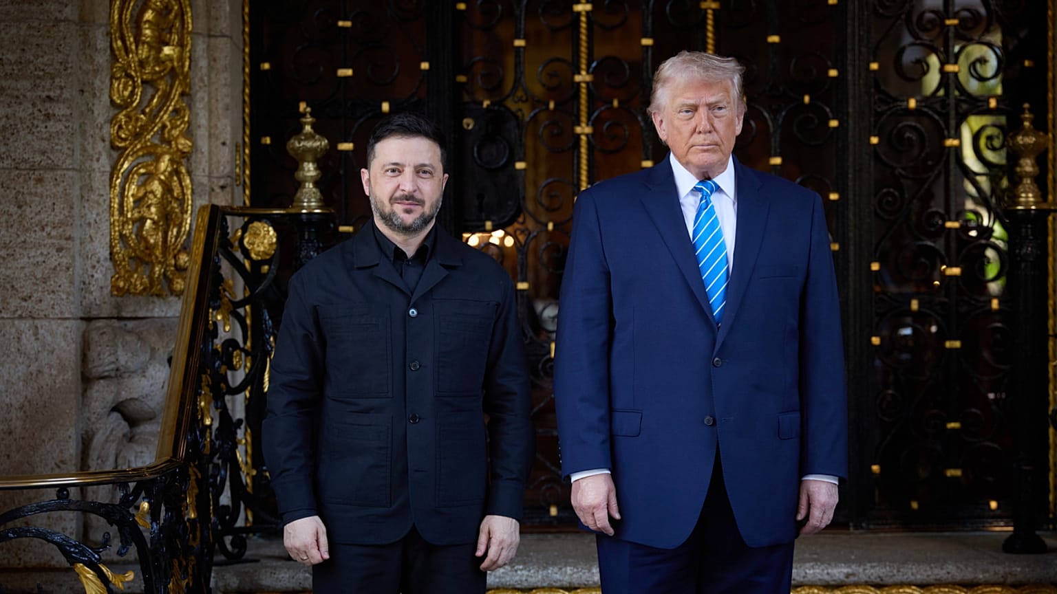 President Donald Trump greets Ukraine's President Volodymyr Zelenskyy at his Mar-a-Lago club, Sunday, Dec. 28, 2025, in Palm Beach, Fla.