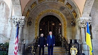President Donald Trump greets Ukraine's President Volodymyr Zelenskyy at his Mar-a-Lago club, Sunday, Dec. 28, 2025, in Palm Beach, Fla. 