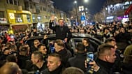 Kosovo's PM and leader of LVV political party Albin Kurti greets his supporters in Pristina, 28 December 2025