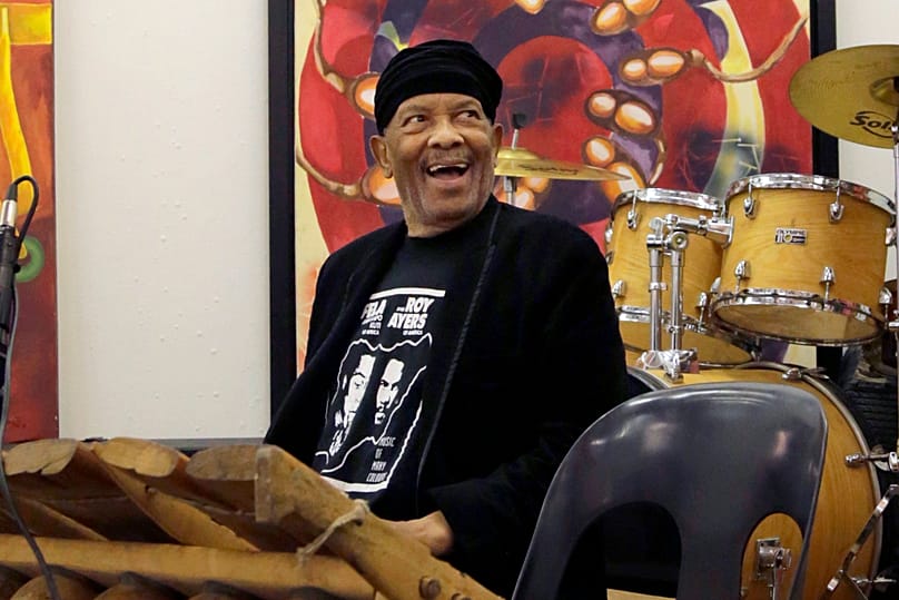 Jazz musician Roy Ayers, plays an African Marimba instrument during a workshop at Funda Centre in Soweto, South Africa, 2017.