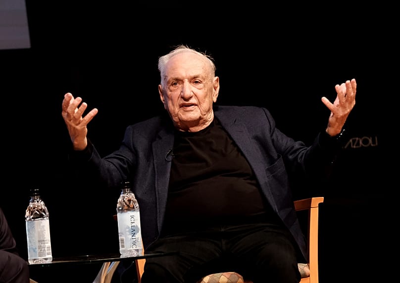 Architect Frank Gehry describes his concert hall design at the Colburn School during an unveiling in downtown Los Angeles on Wednesday, March 16, 2022