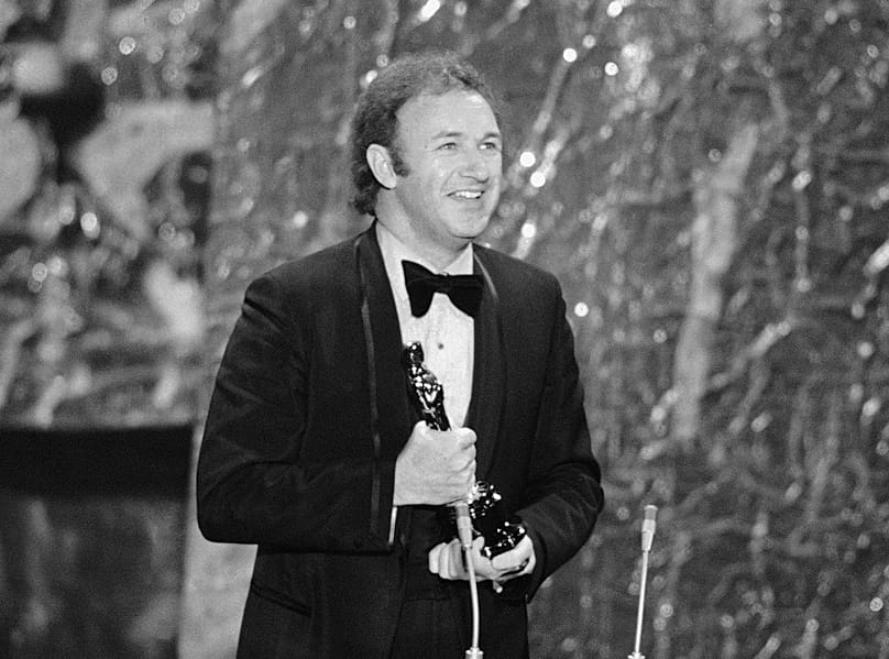 FILE: Gene Hackman poses with his Oscar for Best Actor in The French Connection at the 44th Academy Awards in April, 1972, Los Angeles