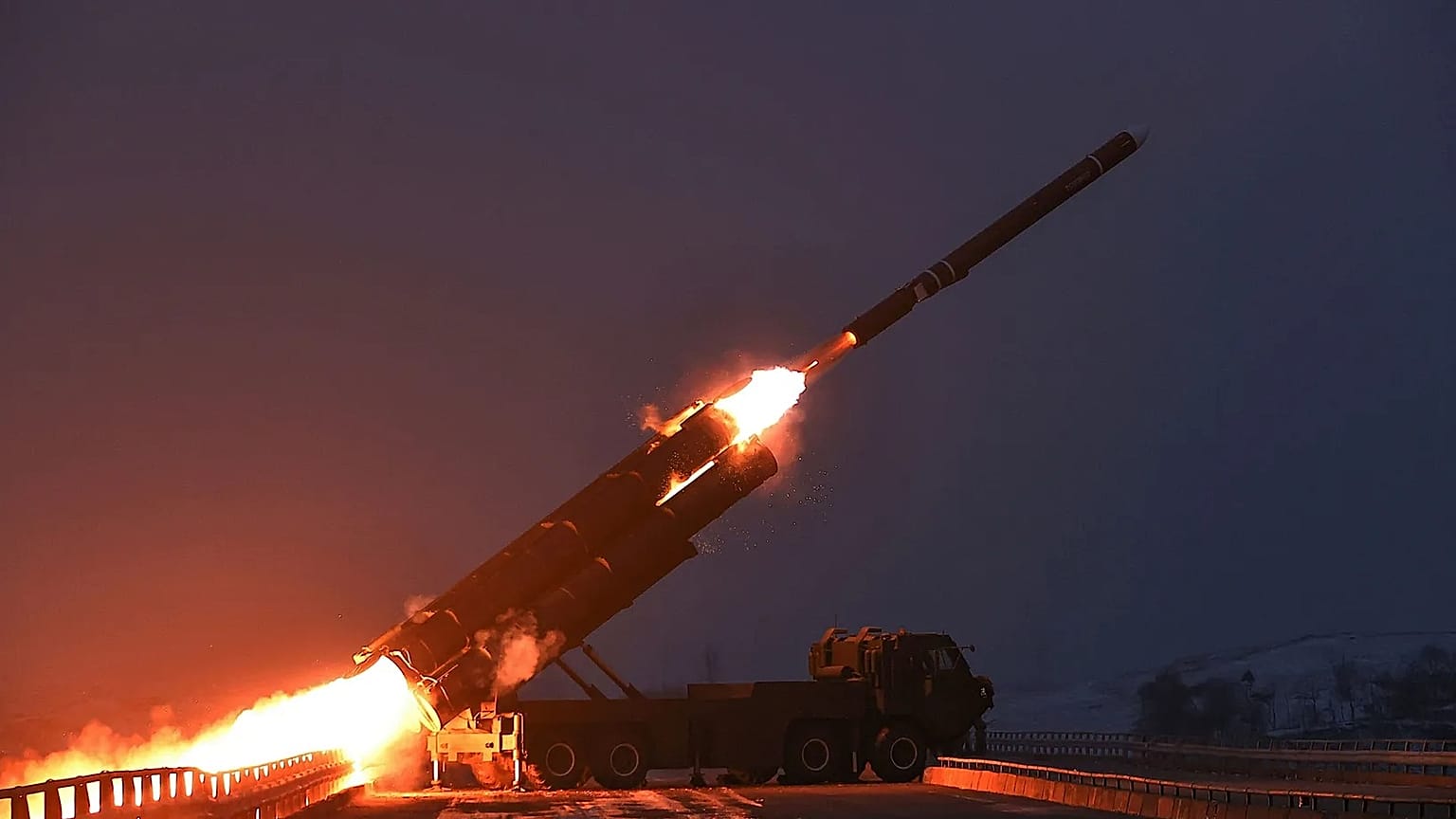 This photo provided by the North Korean government, shows what it says a test of a long-range strategic cruise missile in the Yellow Sea, 28 December, 2025