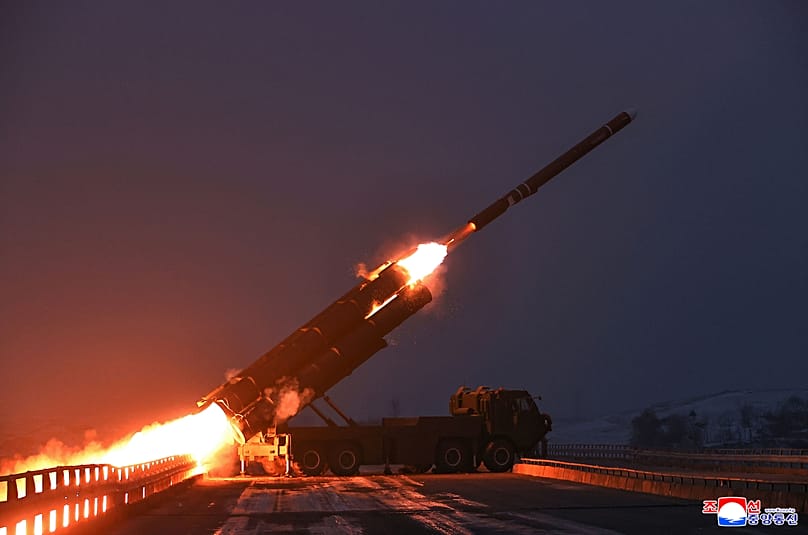 This photo provided by the North Korean government shows what it says a test of a long-range strategic cruise missile in the Yellow Sea, 28 December, 2025