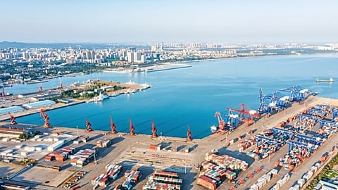 Aerial drone photo of the port of Haikou, Hainan Province, China.