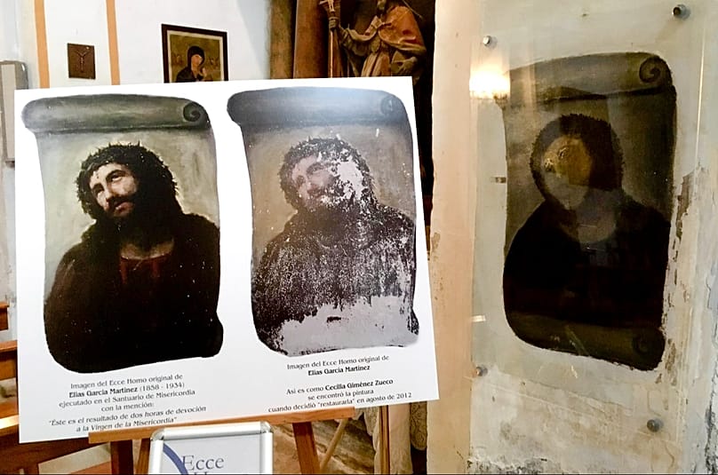 FILE: View of the deteriorated version of 'Ecce Homo' mural by 19th century painter Elias Garcia Martinez, right, next to a copy of the original, left, at the Borja Church.