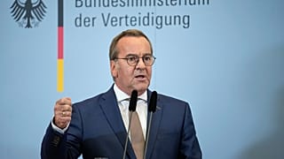 German Defence Minister Boris Pistorius speaks during a joint press conference with German Chancellor Friedrich Merz after a cabinet meeting at the Defense Ministry in Berlin,