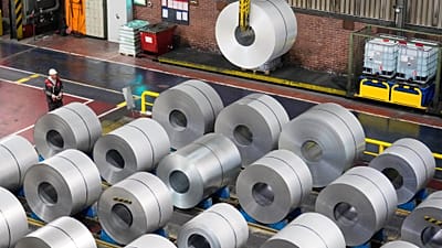Steel coils are stored at the thyssenkrupp steel mill in Duisburg, Germany, Wednesday, Nov. 5, 2025.