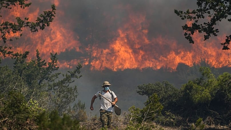 Flammen zerstören einen Wald im Dorf Vati auf der Ägäisinsel Rhodos, Griechenland (25. Juli 2023)
