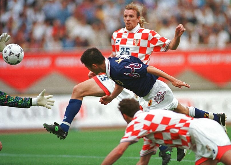 Japanese forward Kazuyoshi Miura scores his second goal against Croatia in the opener of the three-nation Kirin Cup tournament at the National Stadium in Tokyo, 8 June 1997