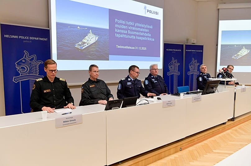 Gulf of Finland Coast Guard and police officers at a press conference in Helsinki, 31 December, 2025
