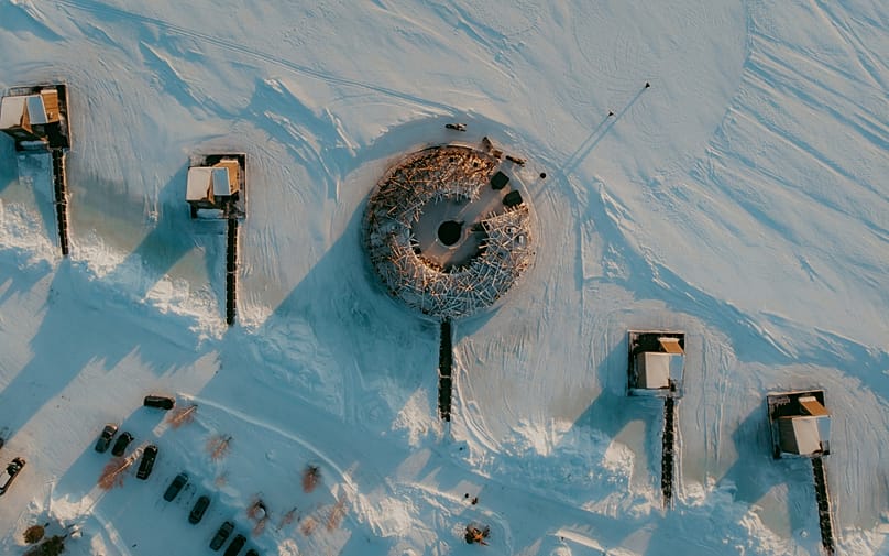 The striking Arctic Bath Hotel is a floating circular sauna and spa moored on Sweden’s Lule River. 