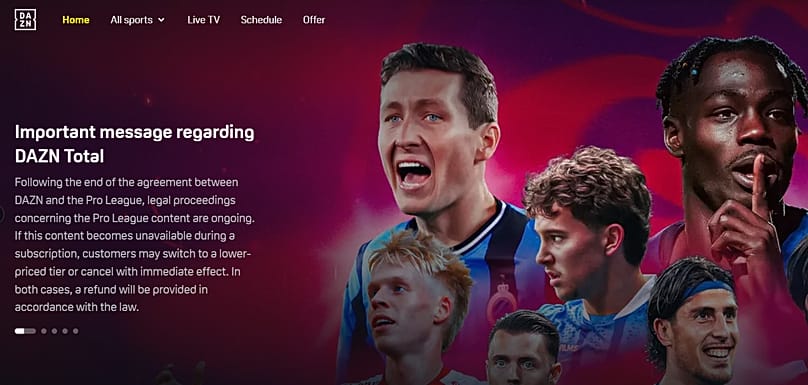 A screenshot of the DAZN Belgium homepage