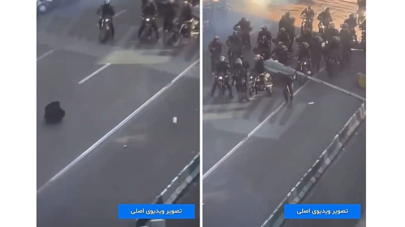 تصویر معترض نشسته در مقابل نیروهای امنیتی