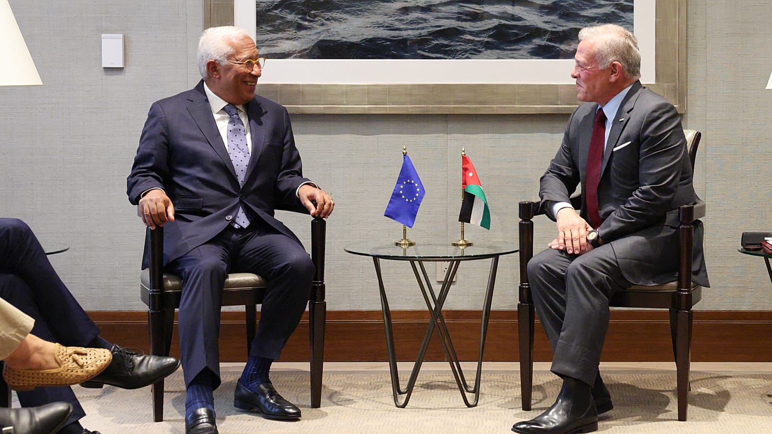 António Costa, presidente del Consiglio europeo, e il re di Giordania Abdullah II all'Assemblea generale delle Nazioni Unite a New York il 21 settembre 2025. 