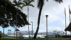 Im Hintergrund liegt ein Kreuzfahrtschiff im Hafen von Honolulu. Aufgenommen am 23. März 2020.