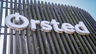 FILE - The logo for the Danish company Orsted is displayed on the exterior of the Avedore Power Station in Hvidovre, Copenhagen. 19 Aug. 2025.
