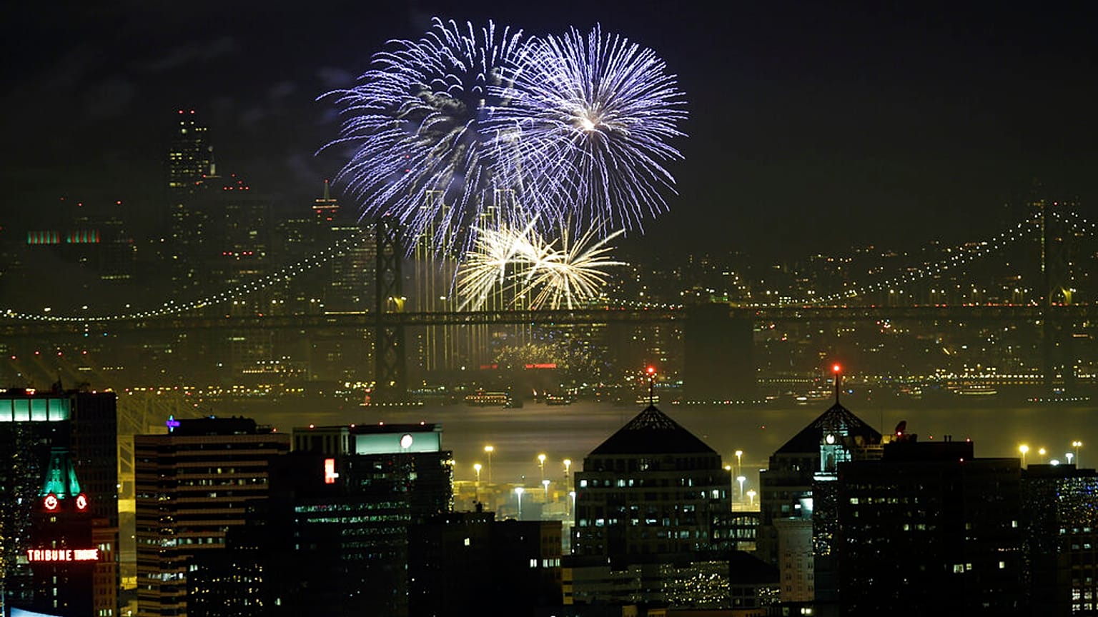 تملأ الألعاب النارية سماء الخليج فوق أفق أوكلاند وسان فرانسيسكو، احتفالات ليلة رأس السنة الجديدة، وذلك في صورة من أوكلاند، كاليفورنيا، يوم الأربعاء 1 يناير 2014.