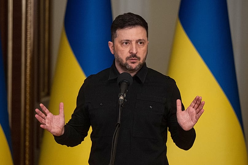 Ukraine's President Volodymyr Zelenskyy speaks during a briefing in Kyiv, Ukraine, Saturday, Jan. 3, 2026