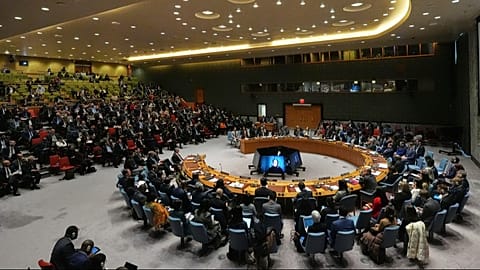 People listen during a meeting of the United Nations Security Council Monday, Jan. 5, 2026 at UN headquarters