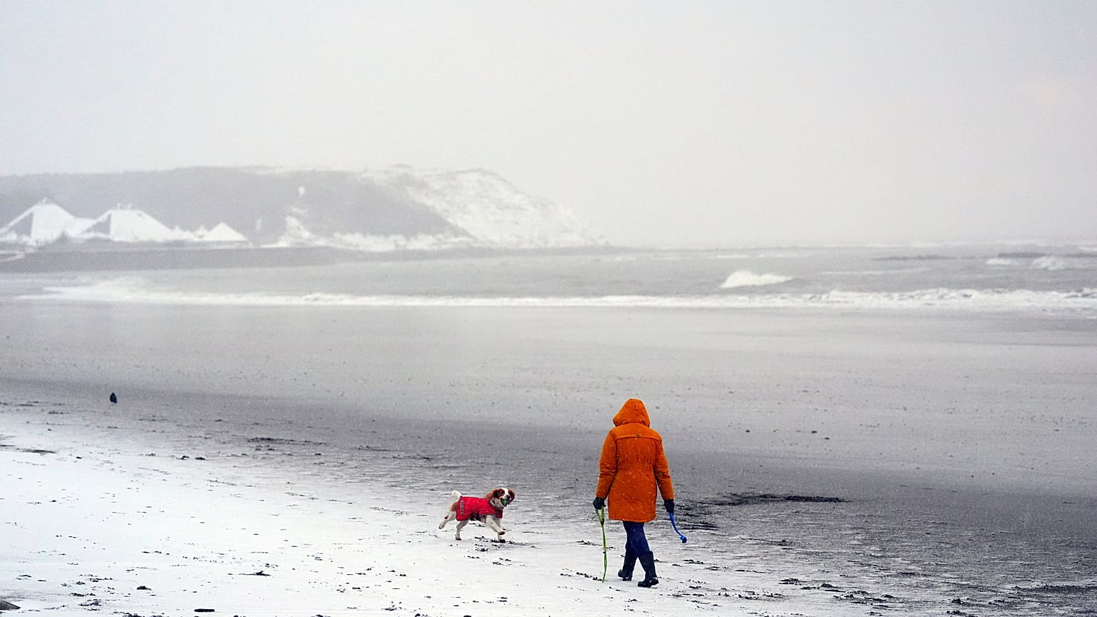 Eine Person geht am Montag mit einem Hund an der Nordseeküste in Scarborough, England, spazieren. 