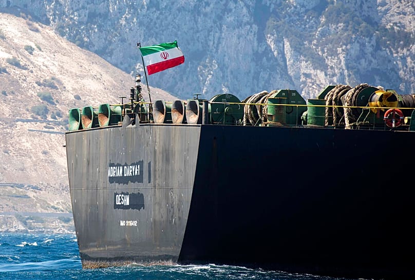 FILE - Renamed Adrian Aryra 1 super tanker hosting an Iranian flag, sails in the British territory of Gibraltar, 18 August 2019.