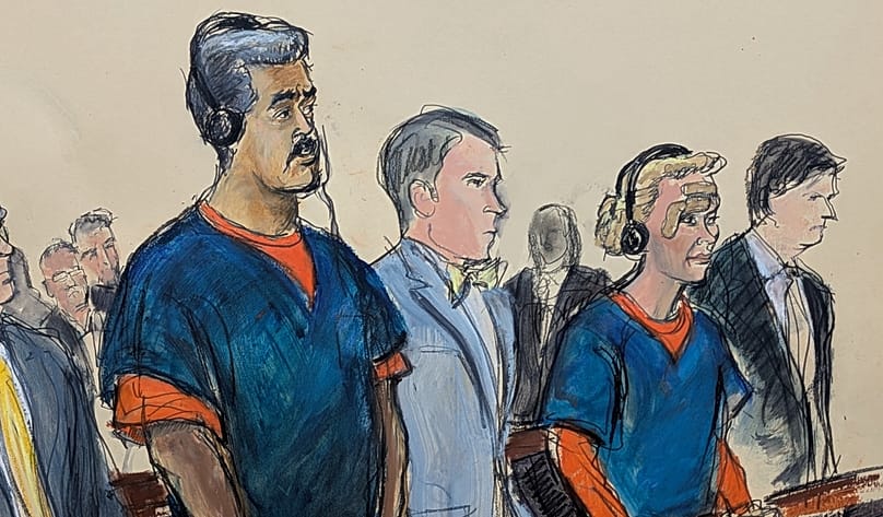 In this courtroom sketch Venezuelan President Nicolás Maduro and his wife Cilia Flores appear in Manhattan federal court, 5 January, 2026