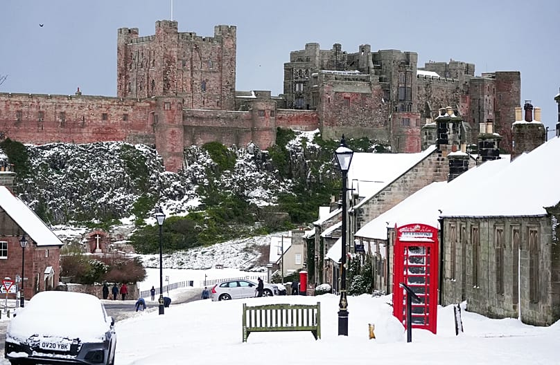 Bamburgh Castle surrounded by snow in Bamburgh, 6 January, 2026
