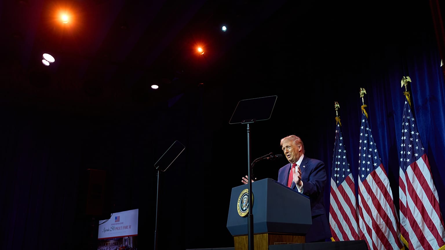 President Donald Trump speaks to House Republican lawmakers during their annual policy retreat, Tuesday, Jan. 6, 2026