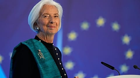 President of European Central Bank Christine Lagarde smiles during a press conference after an ECB's governing council meeting in Frankfurt, Germany, Thursday, Dec. 18, 2025.