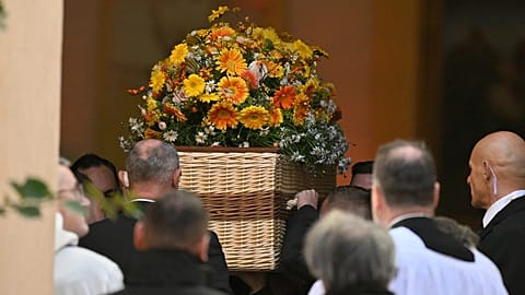 Actor Brigitte Bardot's coffin is carried away from Notre-Dame de l'Assomption church after her funeral ceremony in Saint-Tropez, 7 January, 2026 