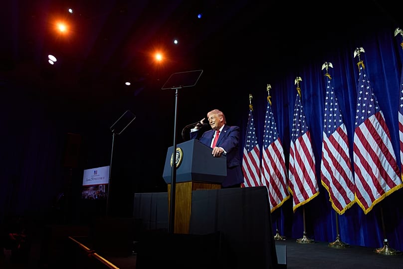 US President Donald Trump speaks to House Republican lawmakers during their annual policy retreat in Washington, 6 January, 2026