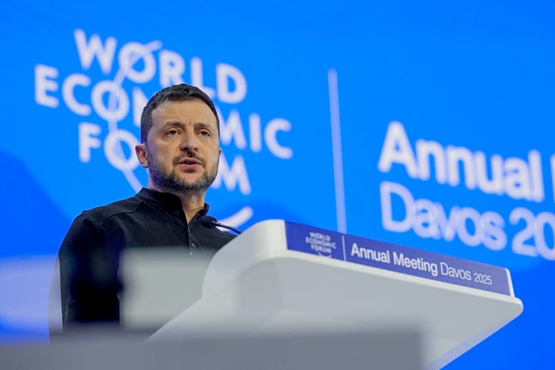 FILE - Ukrainian President Volodymyr Zelenskyy speaks at the Annual Meeting of World Economic Forum in Davos, Switzerland, 21 January 2025. 
