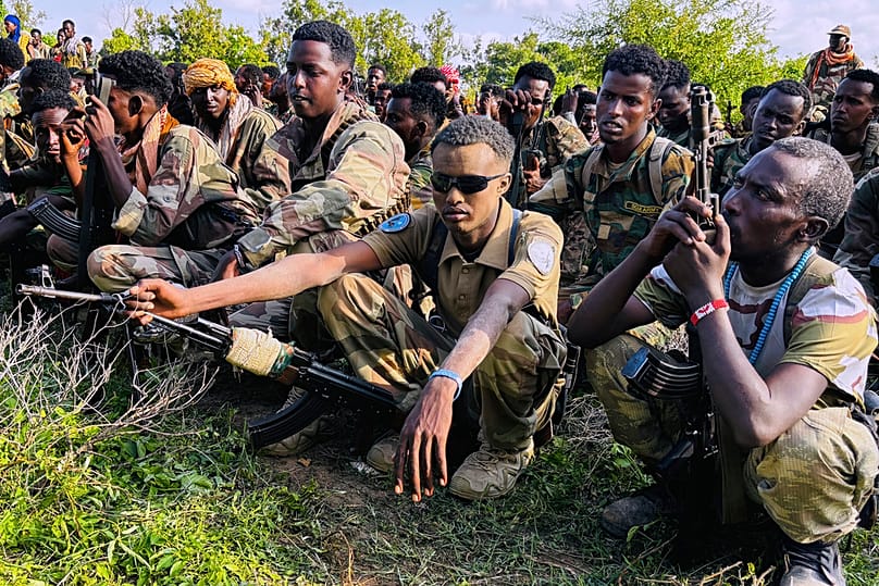 Somali National Army (SNA) soldiers on the frontline in Awdheegle, Somalia, Tuesday, Nov. 11, 2025. 