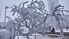 Ein von Eis überzogener Baum ist am Donnerstag, dem 8. Januar 2026, auf dem Gipfel des Feldbergs nahe Frankfurt in Deutschland zu sehen.