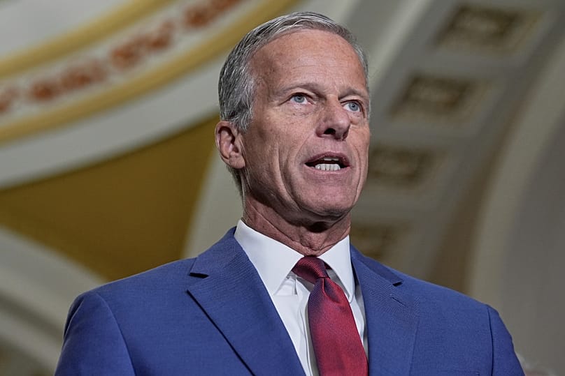 Senate Majority Leader John Thune speaks during a news conference at the Capitol in Washington. (AP Photo/Mariam Zuhaib)