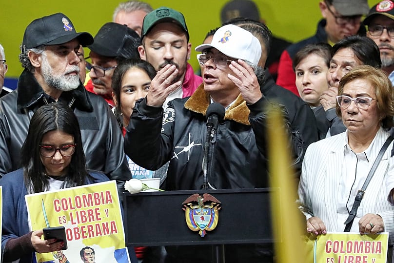 Colombian President Gustavo Petro addresses supporters in a rally he called to protest comments by US President Donald Trump in Bogotá, 7 January, 2026
