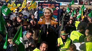 ФИЛЬМ: Испанские фермеры протестуют против Меркосур перед зданием Министерства сельского хозяйства в Мадриде, понедельник, 16 декабря 2024 года. (AP Photo/Paul White)