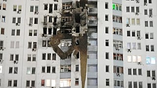 A residential building is seen damaged after a Russian strike in Kyiv, 9 January 2026