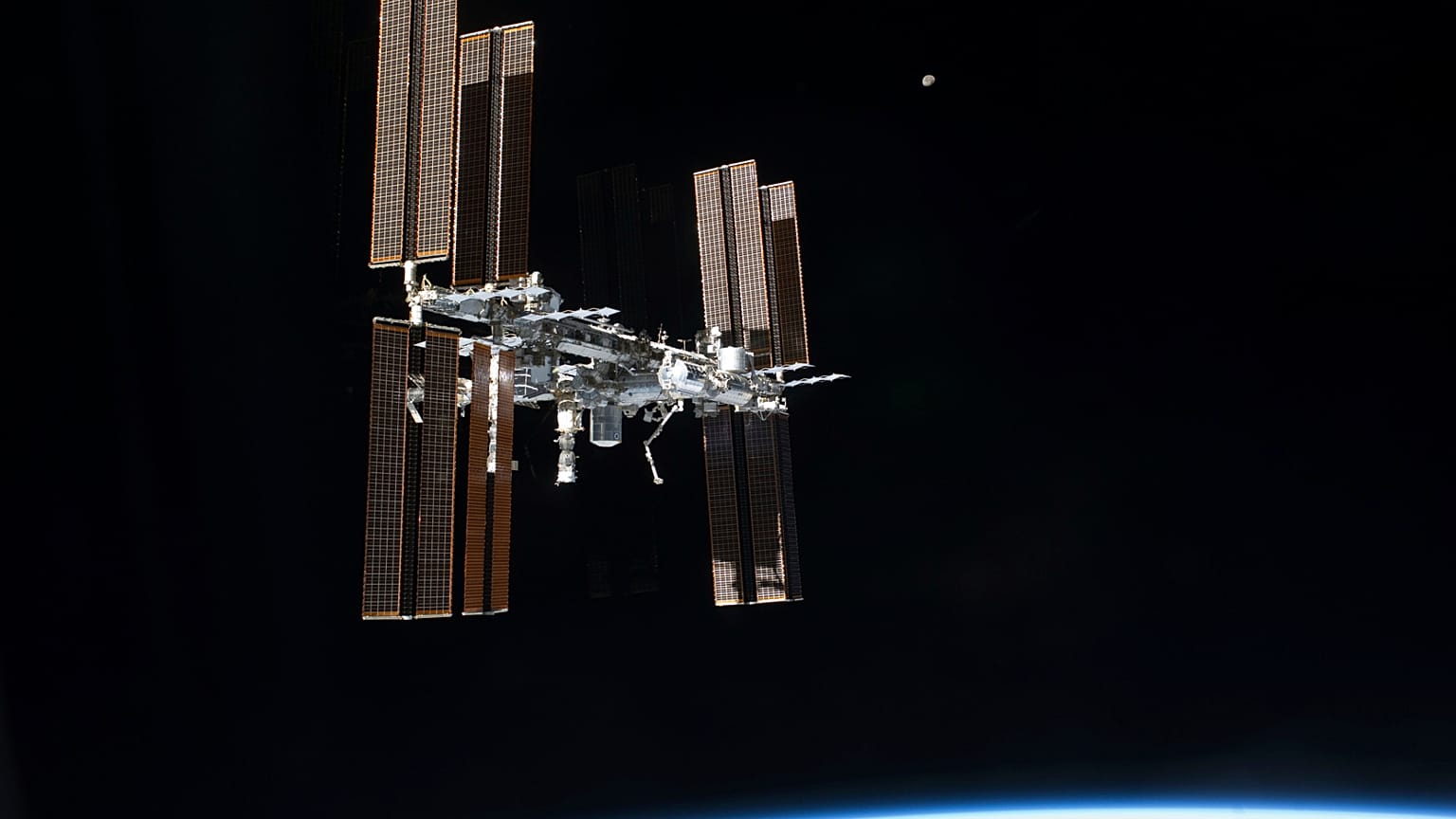 The International Space Station is seen from the space shuttle Atlantis on July 19, 2011, after it left the orbiting complex.