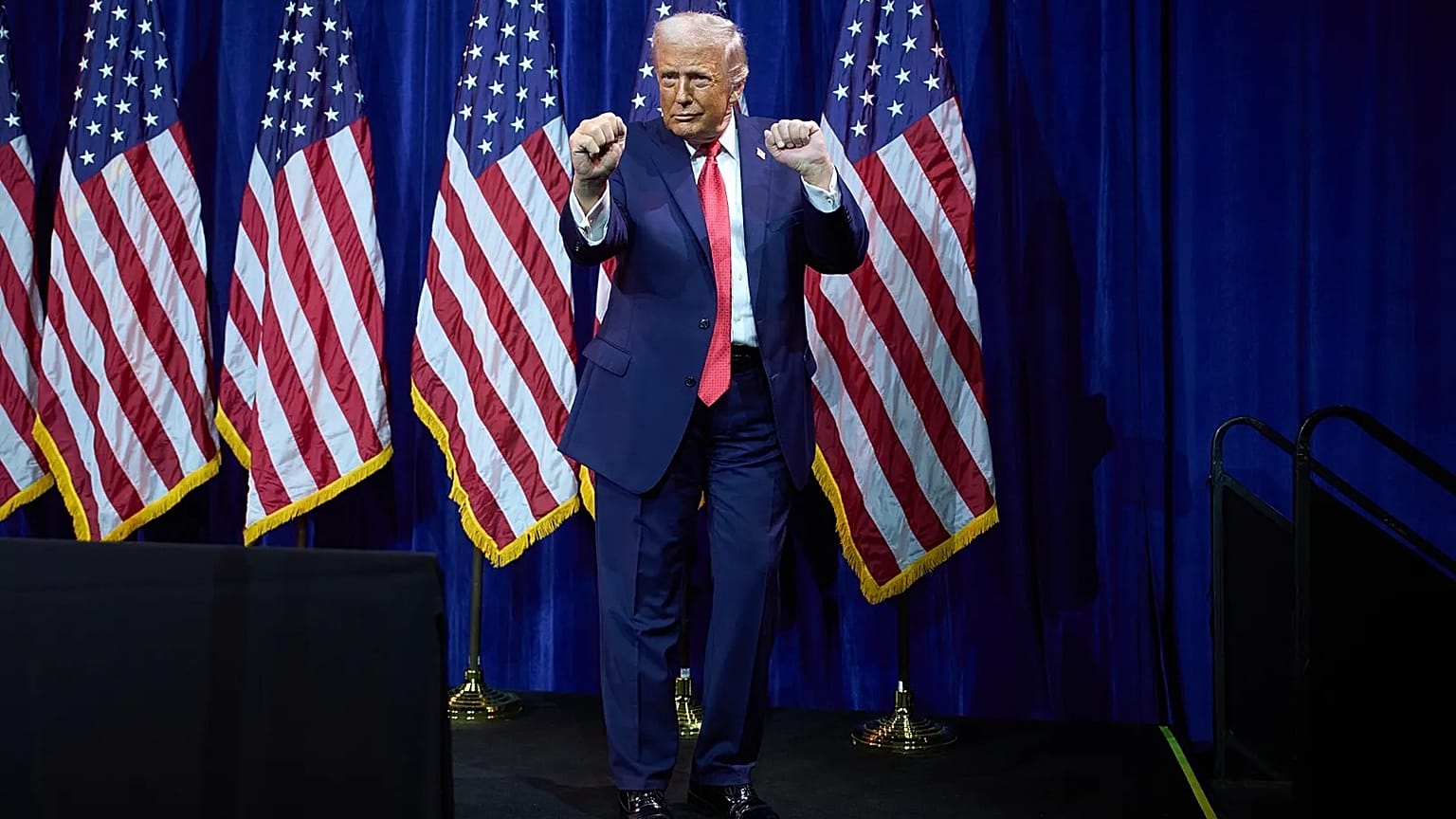 FILE. President Donald Trump dances after speaking to House Republican lawmakers during their annual policy retreat. Washington. Tuesday, 6 Jan 2026.