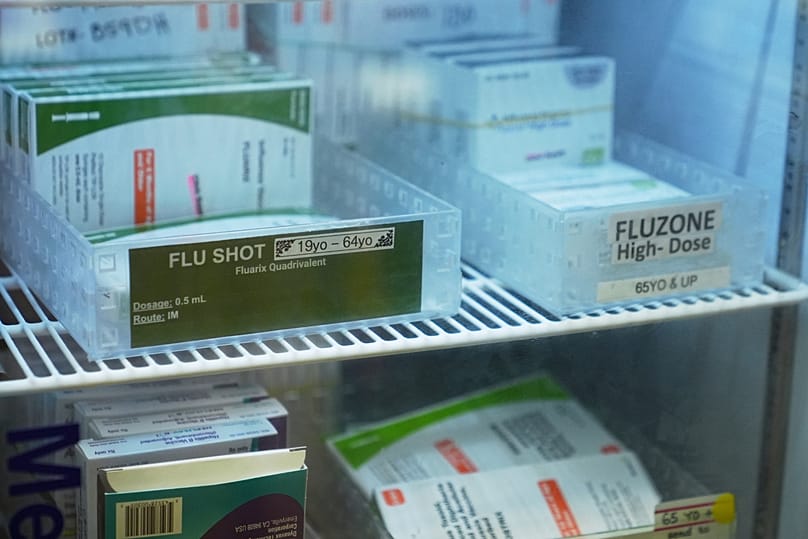 Flu shot vaccines are seen in a refrigerator at International Community Health Services, Wednesday, Sept. 10, 2025, in Seattle.