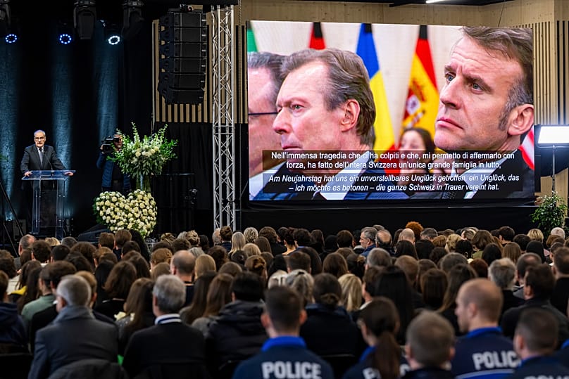 Former Grand Duke of Luxembourg Henri and French President Emmanuel Macron during the commemorative ceremony in Martigny, 9 January, 2026