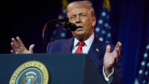 President Donald Trump speaks to House Republican lawmakers during their annual policy retreat, Tuesday, Jan. 6, 2026, in Washington.