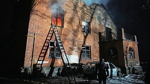 A residential building burns after a Russian strike in Kyiv, Ukraine, Friday, Jan. 9, 2026