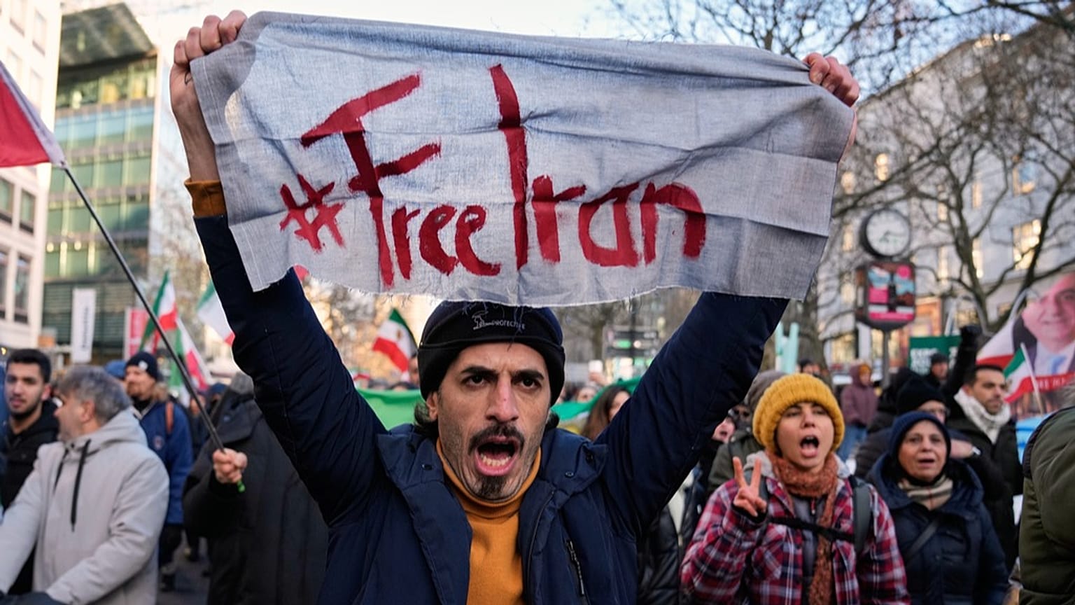 Protesters participate in a demonstration in Berlin, Germany, in support of the nationwide mass protests in Iran against the government, Saturday, Jan. 10, 2026