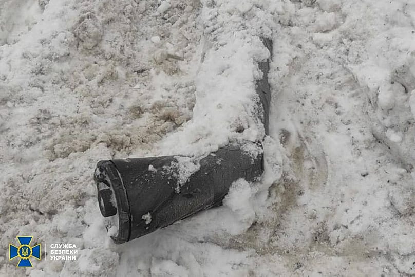 A fragment believed to be a part of a Russian Oreshnik intermediate range hypersonic ballistic missile that hit the Lviv region, Friday, Jan. 9, 2026