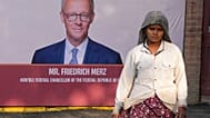 Plakat von Friedrich Merz am Gandhi Ashram in Ahmedabad in Indien